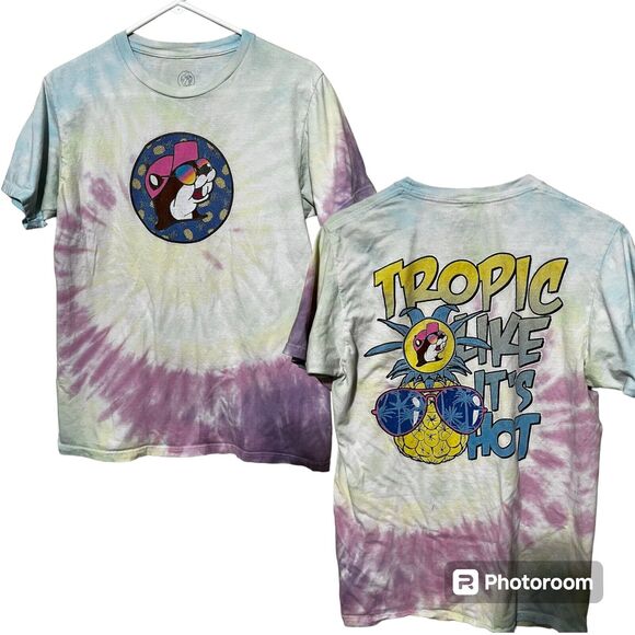 Buc Ees T Shirt womens Sz M Tropic Like it's Hot Tie Dye Pineapples Colorful - Picture 1 of 5